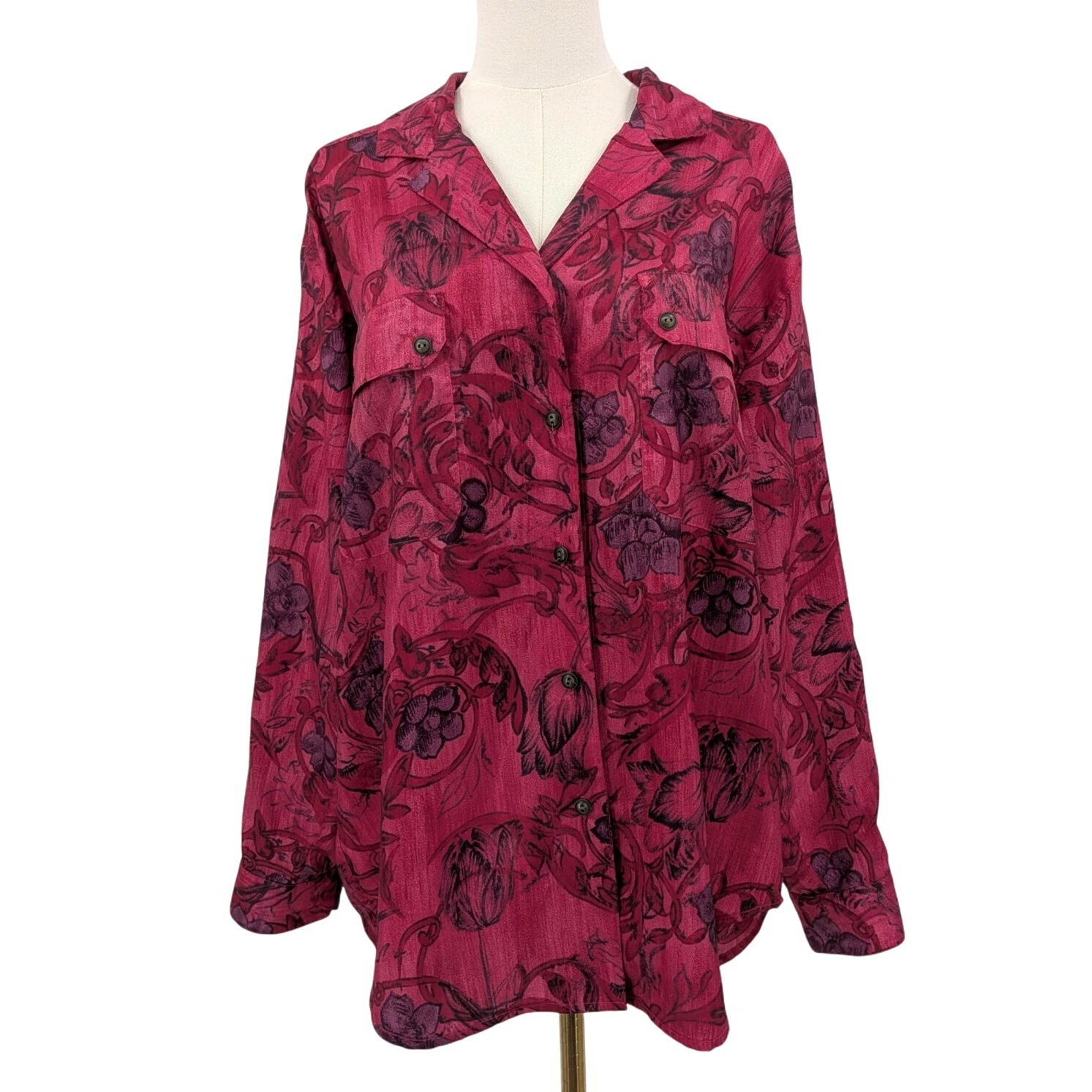 Vintage Leslie Fay Sport Floral Button Up Blouse Size 14 Cottagecore Pink